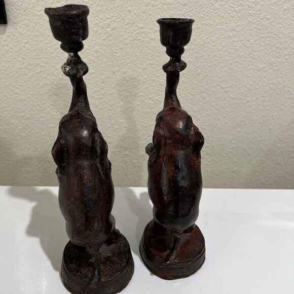 Vintage Cast Metal Elephant PAIR Candle Holder Trunk Up Good Luck Rearing - Picture 9 of 14
